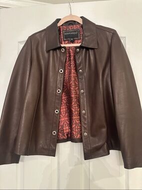 Bernardo Brown Leather Jacket with Red Floral Lining